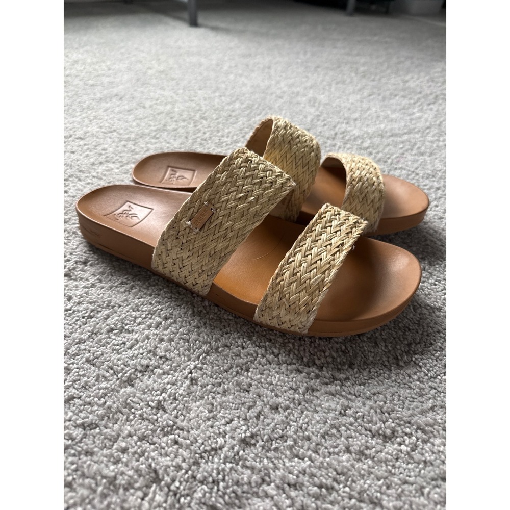 Reef Cushion Vista Braid Women Size 9 Natural Woven Two Strap Slide Sandals